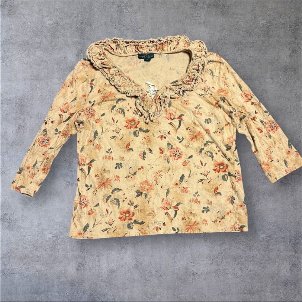 Lauren Ralph Lauren V Neck Ruffle Lace Up Top Sz XL 3/4 Sleeve Floral Blouse